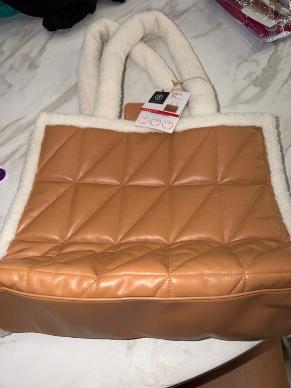 Quilted Tan Tote with Sherpa Trim - Women Bags